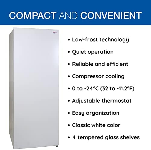 Freezer vertical pronto para garagem Koolatron, 7,0 cu ft, branco, de baixo fracasso, para trás, prateleiras de vidro temperado, porta