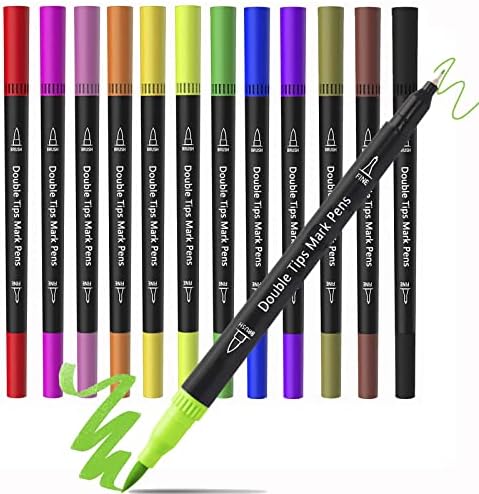 Caneta de pincel de ponta dupla, 12 canetas de caligrafia colorida, marcadores de ponta dupla para crianças adultas