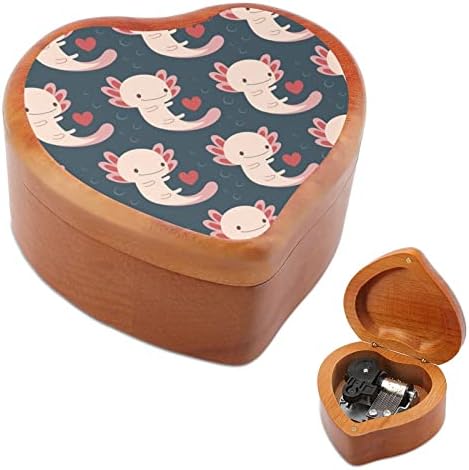 Caixa de música de madeira axolotl e corações de madeira vintage wind up boxes musicais presente para aniversário de aniversário do