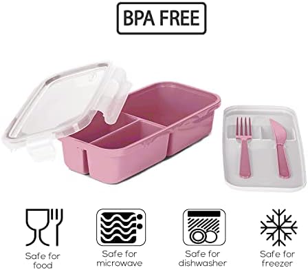 Plasvale Bento Lanch Box Recipiente - 3 compartimentos - Utensílio de plástico embutido - plástico durável - Microondas Seguro - BPA sem
