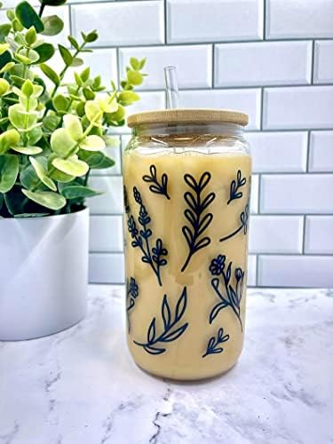 16oz de lata de vidro - Floras selvagens - presentes para ela - lata de vidro floral, lata de vidro com tampa de bambu - copo de vidro