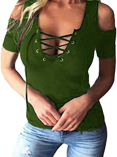 Andongnywell Women Sexy Off the Omber Lace Up T-Shirt de Manga Curta V Camiseta Tampo Top Bouse de pescoço