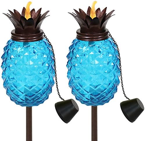 SunnyDaze Tropical Pineapple 3 -em 1 Tocha ao ar livre de vidro azul - altura ajustável de 23 a 63 polegadas - tochas de vidro com postes de metal - Ótimos para iluminação e entretenimento do quintal - conjunto de 2