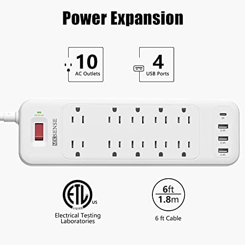 Power Strip, Surge Protector com 10 pontos de venda e 3 portas USB e 1 porta USB -C, 1875W/15A, 3600 joules, plugue plano,