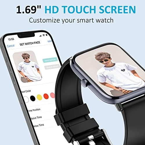 Relógio inteligente, SmartWatch Fitness Tracker 1.69 Bluetooth Call Watch com pressão arterial Freqüência cardíaca SPO2 Monitor do sono Counter para Android iOS Phone Mulher Men, preto