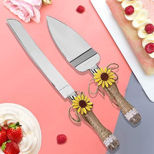 Barelove Professional Wedding Cake Knife & Server Set, aço inoxidável Bolos rústicos Cutter de pão que serve com decoração de girassol,