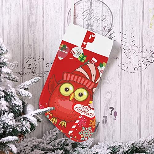 Monogram Santa Owl Christmas Stocking com letra P e coração 18 polegadas grandes vermelhas e brancas