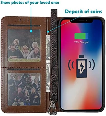 Duguecey Luxury Cartet Case para iPhone 13/14, capa de cinto magnético à prova de choque de couro com pulseira de pulso e portador