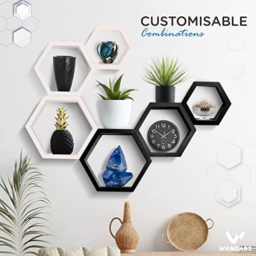 Conjunto de 3 prateleiras de hexagon de madeira de pinhão para decoração de parede - prateleiras de favo de mel para casa de favo de mel para decoração da sala de estar, armazenamento de cozinha, prateleiras rústicas de montagem na parede