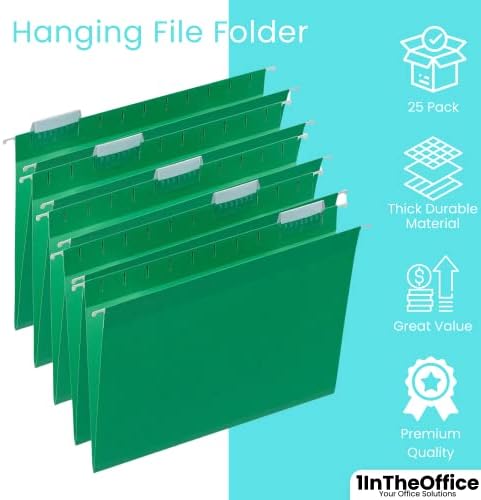 1 Máquilo de letra de arquivo de arquivo de penduramento verde -office, abas ajustáveis, pastas de arquivo de tamanho de letra penduradas, divisores de gabinete de arquivo, 25 pacote