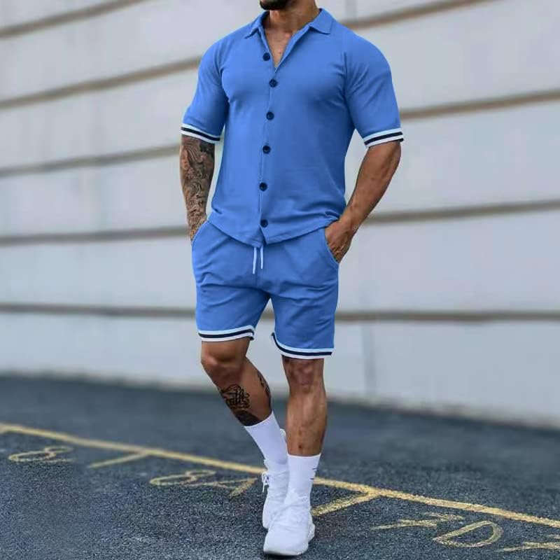 Masculino 2 peças de verão de manga curta camisa de pólo de golfe e shorts roupas de listra de botão para baixo conjunto de camisa para