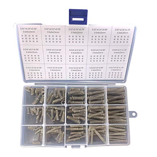 Creeya 225pcs pequena variedade de mola de compressão, 15 tamanhos diferentes, diâmetro do fio 0,6 mm 0,8 mm 1 mm, diâmetro