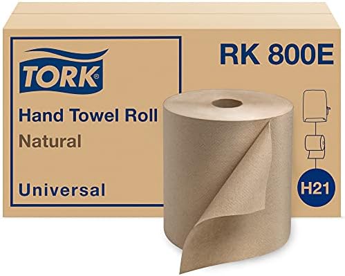 Rolo de toalha de papel Tork Natural - Rolo de mão universal, toalhas de papel naturais com tecidos marrons feitos de fibra reciclada, 6 rolos x 800 pés, compatíveis com dispensador H21, RK800E