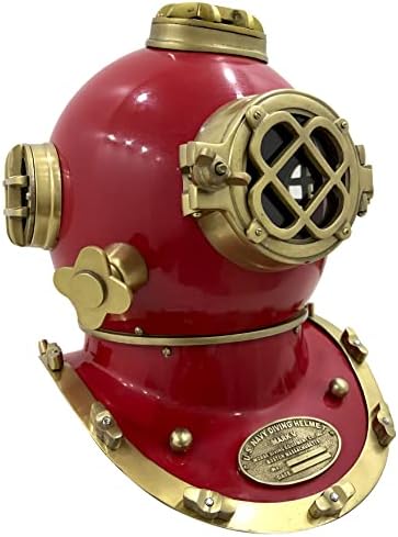 Autêntico capacete de mergulhadores vintage vermelho com acabamento de cobre antigo decoração de casa de mergulho sólido mergulhador