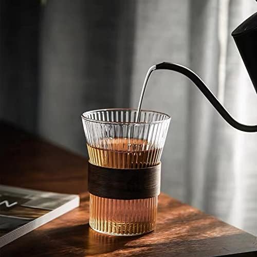 Canecas de café de vidro snminetal, canecas de bebidas quentes de boca larga mocha, copos de listras delicadas com anel de madeira anti-esquili, copos de bebida sem chumbo, perfeita para café com leite, cappuccino,