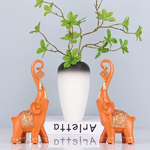 Estátua e escultura de elefantes dovdov, decoração de casa de elefante laranja, estátua auspiciosa para decoração da estátua de elefante, mesa de café da sala de estar de elefante, entrada, decoração de prateleira 2PCS Conjunto