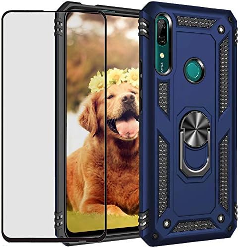 Duolida para Huawei P Smart Z / Y9 Prime 2019 Case com protetor de tela de vidro temperado, híbrida de dutas pesadas híbridas dupla camada anti-arranha-choques zagueiro capa de kickstand, azul