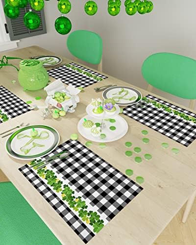 Placemats Conjunto de 4, Clover verde Clover St. Patrick's Day Gold Cenas Tapete de mesa lavável Buffalo preto e branco Placemat para mesa de jantar Decoração de cozinha