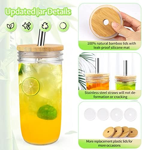 Pfileros 8set 24oz pedreiro de jarra de copos de bebida com tampas de bambu, tampas pláticas e palha de copos de vidro reutilizáveis