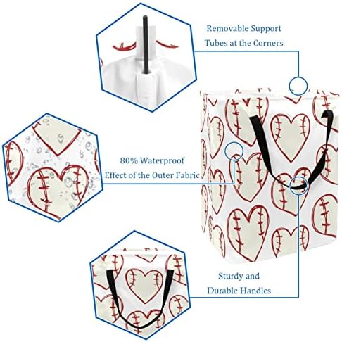 Forma do coração Baseball estampa de beisebol cesto de lavanderia dobrável, cestas de lavanderia à prova d'água de 60l armazenamento