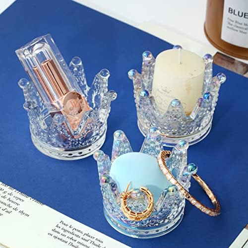 Conjunto de porta -velas de vidro de cristal de 2 maquiagem em forma de coroa esponja de beleza jóias de rack de armazenamento