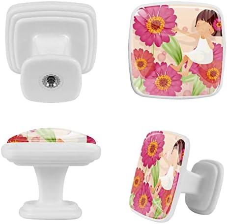 Tbouobt 4 pacote - botões de hardware do armário, botões para armários e gavetas, alças de cômoda de fazenda, garotas da primavera do desenho animado e flor