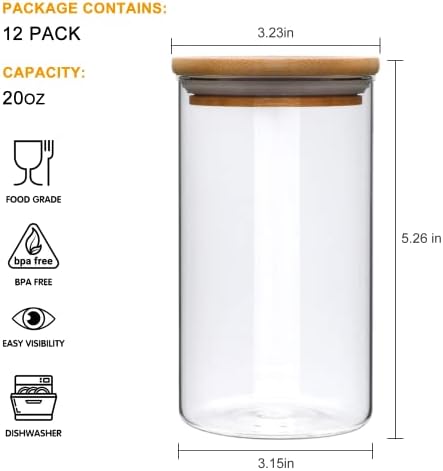 20 oz/600 ml de vidro de vidro de vidro de contêineres de armazenamento de alimentos, jarra de especiarias com tampas aéreas de bambu ， pacote de 12 recipientes de potes de armazenamento de alimentos de vidro transparente para doces, biscoito, café