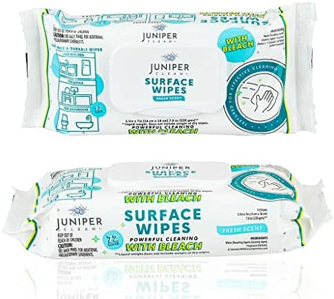 Juniper Clean 1 pacote de lenços de superfície com alvejante, limpador para todos os fins para banheiro, cozinha, escritório, 72 contagem de fluxo macio, perfume fresco, fiapos grátis e durável