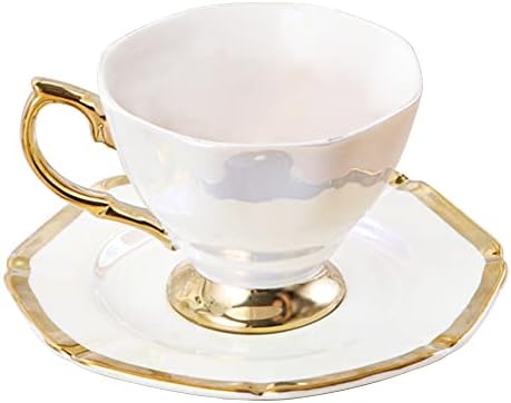 Fanquare moderno xícara de chá iridescente e pires, copo de café colorido de porcelana com acabamento dourado, copo de chá branco britânico, 6,76 onças