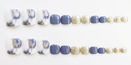 Xe.in Glitter Branco Pressione as unhas dos pés falsos, 24pcs ombre brilhante Ombre Branco/azul unhas de dedos do dedo do pé com