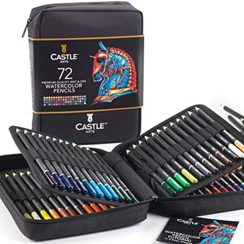 Castle Art Supplies 72 Lápis de aquarela Conjunto de zíper para adultos Artistas de crianças | Núcleos coloridos de qualidade Cores vivas para criar belos efeitos misturados com água | Inclui estojo de viagem útil