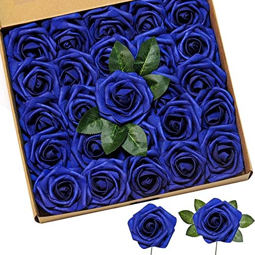 Cosybeau Royal Blue Roses Artificial Fake Rose Flowers 50 PCs com caule para decorações de dia dos namorados Buquês Centerpieces
