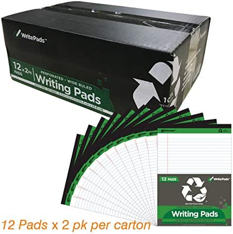 Almofadas legais de kaisa escrevendo almofadas de papel recicladas, 8,5 x11,75 de largura, 50 folhas/almofada 8-1/2 x 11-3/4 PAD ESCRITADO GRANDE, WHITE 24PADS