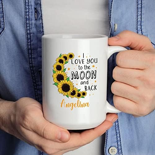 Caneca personalizada de girassol, eu te amo para a lua e as costas caneca de café de girassol, nome de girassol personalizado Presentes para amantes de girassol, caneca de cerâmica de girassol, copo de café de girassol 11oz 15oz 15oz