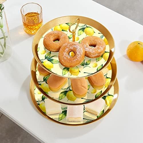 3 Placa de fruta de cupcake de 3 camadas de sobremesa Plástico para servir suporte de exibição para casamento de aniversário de bebê Decorações de chá de chá de bebê redondo, aquarela amarela limão fruta