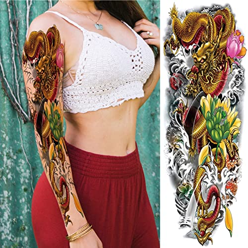 Mangas de tatuagem temporária de dragão colorido, braço completo grande dragão realista tatuagens de manga falsa para mulheres