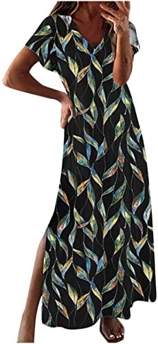 Vestido longo casual Boho 2023 Verão Floral V Neck de pescoço de manga curta Lateral solto Split Maxi Beach Dress