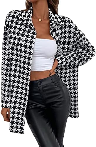 Mankemechic Women's Houndstooth Shacket de manga comprida botão para baixo camisa de camisa Casaco