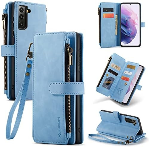 Caso Kowauri para Samsung S22 5G, PU Carteira de couro Folio Flip Caso Zipper Pocket Card Slots Caso de proteção à prova de choque magnético com pulseira de pulso para Samsung Galaxy S22 5G