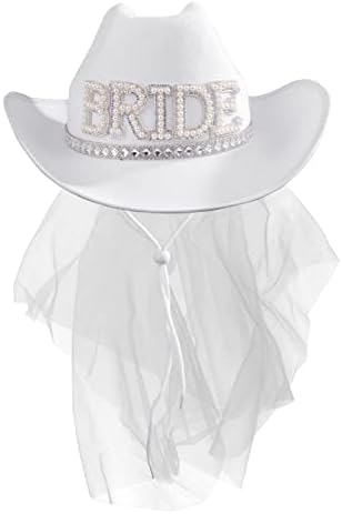 Mgupzao Bridal Cowboy Hat and Veil Bachelorette Party, White Cowgirl Hat Wedding Bridal Shower Decoration, Noiva para ser presente,