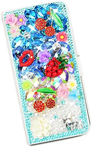 Fairy Art Crystal Cartlet Caixa de telefone compatível com Samsung Galaxy A33 5G - Lips Cherry Strawberry - Azul - 3D Glitter Bling Cover de couro com protetor de tela e cordão de listras de pescoço