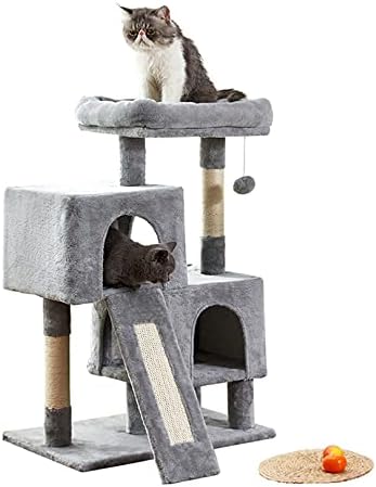 Torre de gato, 34,4 polegadas de gato com tábua de arranhão, 2 condomínios de luxo, torre de gatos para gatos internos, resistentes