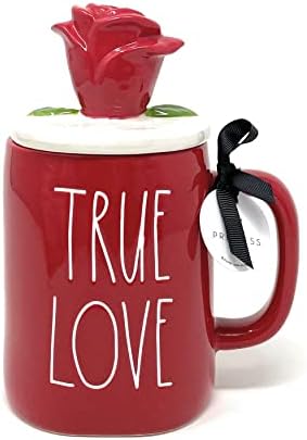 Rae Dunn Love True - com Rose Topper - Dia dos Namorados - Cerâmica - Lavagem de louça e cofre de microondas - Copa de chá de café