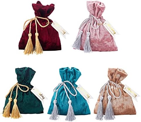 PH Pandahall 5 Sacos de jóias de veludo colorido, sacolas de presente com sacos de tração de tração de armazenamento de tassel sacos de tratamento de doces com pinos de cartão para o casamento de chá de bebê bolsa de memória de natal, 4x5.5inch