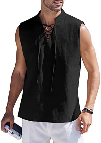 Coofandy Men tank top linear linho de linho de praia com renda de renda de boêmio hippie renaissance pirata kilt túnica medieval