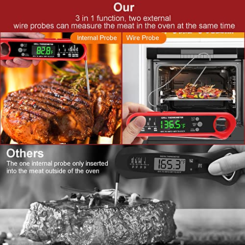 3 em 1 termômetro de carne digital, termômetro instantâneo de leitura alimentar com 2 sonda com fio destacável, calibração, função de alarme, luz de fundo do LCD para grelhar, cozinhar, churrasco, cozinha