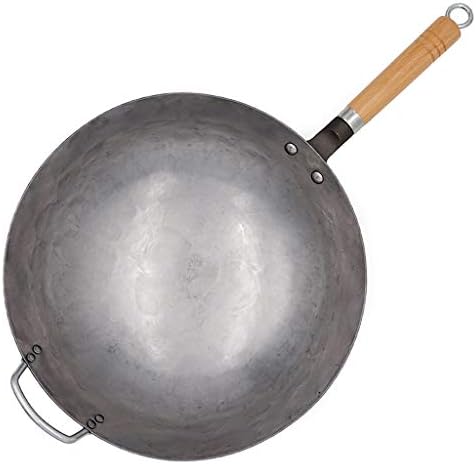 Xwwdp tradicional hammersed aço carbono wok com maçaneta de madeira e aço, fundo redonda