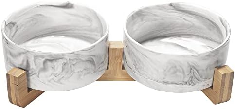 Jerock Ceramic Cat Bowls Set, comida de cachorro elevada e prato de água com suporte de madeira anti-deslizamento,