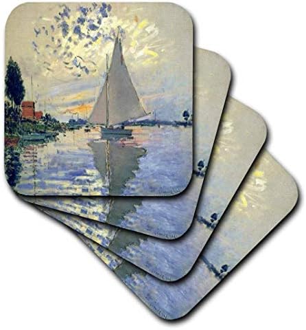 3drose CST_203678_1 Impressão de Monet Pintura velejo em Le Petit Coasters Soft, conjunto de 4
