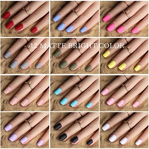 Pressione fosca em unhas curtas, fandamei 12 pacotes 288pcs Pressione nas unhas rodadas curtas, 12 coloras brilhantes unhas curtas e